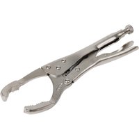 Sealey angled oil filter wrench locking pliers, silver metal with adjustable jaws and ergonomic handle.