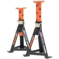 Orange and black Sealey Anniversary Edition axle stands with adjustable height and triangular base.