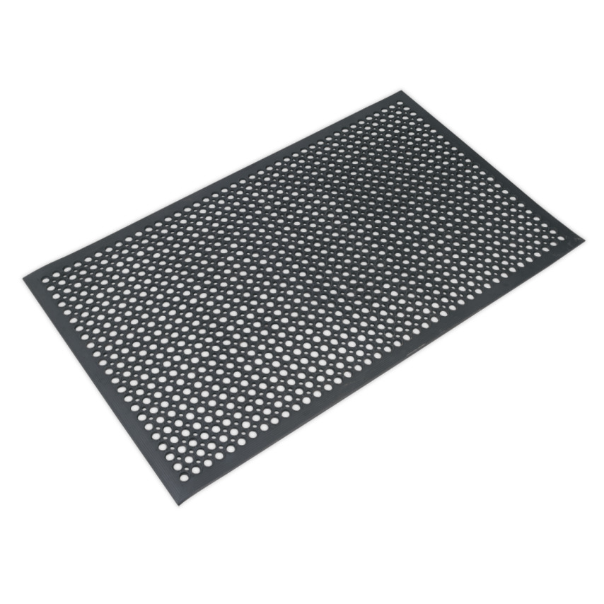Black anti-fatigue workshop matting featuring a perforated design for improved traction and comfort, made from durable rubber material.