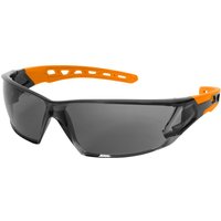 Black Sealey anti-glare safety spectacles with orange arms and wraparound tinted lenses.