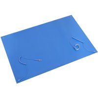 Blue Sealey anti-static ESD bench mat with grounding cords and smooth surface.