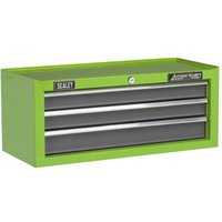 Green and grey Sealey mid-box with three drawers, ball-bearing slides, rectangular shape, and Sealey branding.