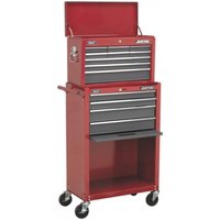 Red and grey Sealey topchest and rollcab with 13 drawers, ball-bearing slides, and sturdy wheels.