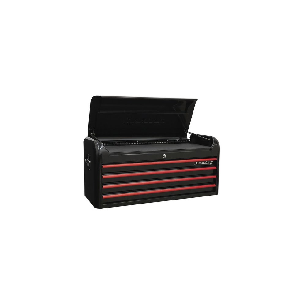 Black and red retro-style top chest tool box with four wide drawers, featuring a glossy finish and a sturdy metal construction, designed for storage and organization.