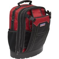 Red and black Sealey AP520 heavy duty tool backpack with multiple compartments and sturdy zippers.
