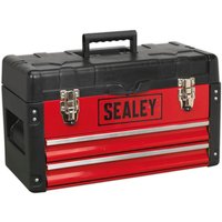 Red and black Sealey heavy duty toolbox with two drawers, metal latches, and a top handle.