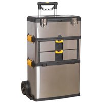 Stainless steel rolling tool box with black edges, yellow latches, and telescopic handle.
