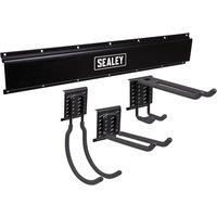 Sealey APH 4 Piece Storage Hook Kit with black metal rail and four gray hooks for multipurpose organization.