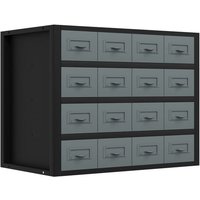 Modular racking unit with 16 gray small drawers in a black frame, ideal for organized storage.