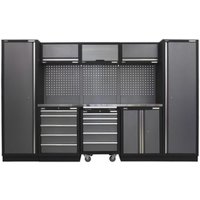 Sealey Superline Pro storage system with stainless worktop, tall cabinets, drawers, and pegboard in black and grey.