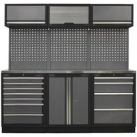 Black and grey storage system with stainless steel worktop, multiple drawers, cabinets, and perforated back panel.