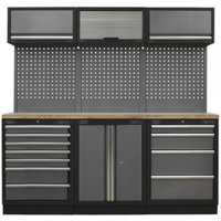 Sealey storage system with wood worktop, black frame, grey drawers, cabinets, and perforated back panel.
