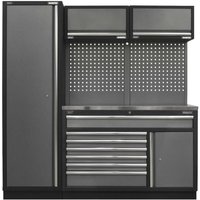 Sealey storage system with stainless steel worktop, tall cabinet, drawers, and perforated back panel for tools.