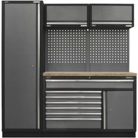 Sealey storage system with tall cabinet, drawers, upper cabinets, pegboard, and pressed wood worktop.
