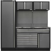 Sealey storage system with stainless steel worktop, tall cabinet, drawers, and overhead units with perforated back panel.