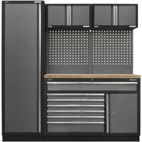 Black and silver Sealey storage system with pressed wood worktop, tall cabinet, drawers, and overhead compartments.