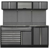 Sealey storage system with stainless steel worktop, black frame, multiple drawers, cabinets, and perforated back panel.
