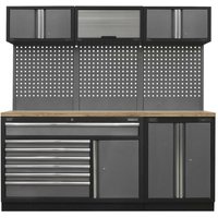 Sealey storage system with pressed wood worktop, black frame, grey cabinets, and perforated metal back panel.