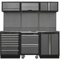 Sealey storage system with stainless steel worktop, multiple drawers, cabinets, and perforated back panel.