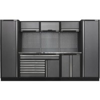 Black and silver storage system with stainless steel worktop, tall cabinets, drawers, and pegboard back panel.