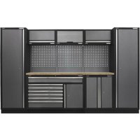 Black and grey Sealey storage system with pressed wood worktop, cabinets, drawers, and pegboard back.