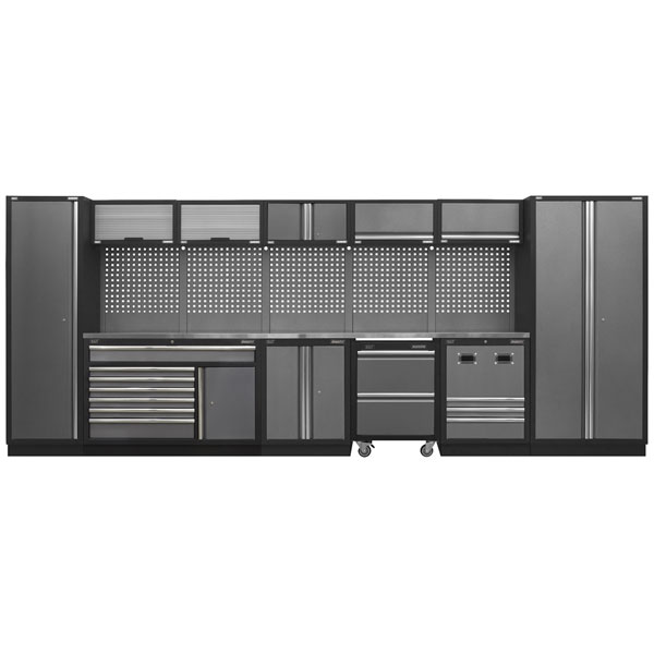 Modular storage system combo in stainless steel with a sleek black finish, featuring multiple cabinets, drawers, and a pegboard for tool organization.