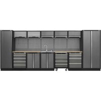 Gray Sealey storage system with pressed wood worktop, multiple cabinets, drawers, and integrated sink.