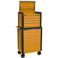 Orange Sealey topchest and rollcab with 11 drawers, push-to-open feature, black trim, and wheels.