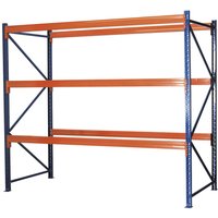 Blue and orange heavy-duty 3-shelf racking unit with metal frame and cross-bracing for stability.