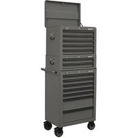 Grey Sealey 14-drawer tool chest with ball-bearing slides, topchest, mid-box, rollcab, and wheels for mobility.