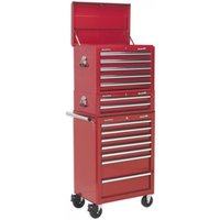 Red Sealey tool chest combo with 14 drawers, ball-bearing slides, topchest, mid-box, rollcab, and side handle on wheels.