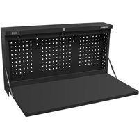 Black Sealey wall-mounted foldable workbench with perforated back panel and sturdy metal frame, 1100mm wide.