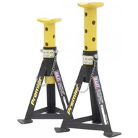 Yellow Sealey axle stands with black base, adjustable height, and safety pin, 3-tonne capacity per stand.