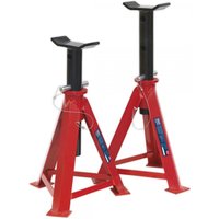Red Sealey axle stands with adjustable height, triangular base, and 7.5 tonne capacity per stand.