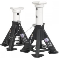 Black and white Sealey short axle stands with 7-tonne capacity, featuring adjustable height and sturdy base.