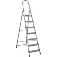 Silver Sealey aluminium step ladder with seven treads, curved top handle, and non-slip feet.