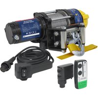 Sealey ATV1135 12v recovery winch with black motor, steel cable, yellow hook, and wireless remote control kit.