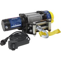 ATV recovery winch with black motor, silver cable, yellow knob, and wired remote control.