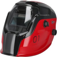 Red and black Sealey auto darkening welding helmet with adjustable knobs and clear viewing screen.