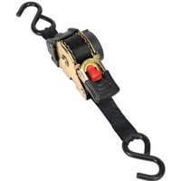 Sealey auto retractable ratchet tie down, black strap with gold ratchet, red release button, and black hooks.