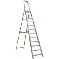 Aluminium 12-tread step ladder with wide base, safety rails, and stabilizing crossbars, industrial-grade by Sealey.