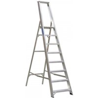 Aluminium 8-tread step ladder with wide steps and sturdy frame, designed for industrial use by Sealey.