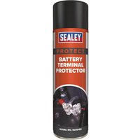 Sealey Battery Terminal Protector spray can with black cap, red label, and image of battery terminals.