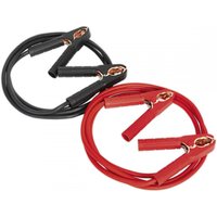 Red and black Sealey booster cables 25mm² x 3.5m with copper clamps, rated 350A, coiled neatly.