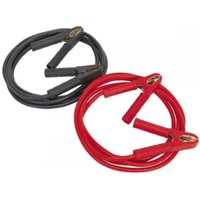 Red and black Sealey booster cables 35mm² x 4.5m with sturdy clamps, 480A capacity, coiled neatly for storage.