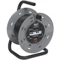 Gray Sealey cable reel with 15m cord, four 230V sockets, and black thermal trip button on a sturdy black frame.