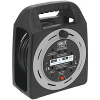 Black Sealey cable reel box with handle, four 230V sockets, 15m cable, and thermal trip feature.
