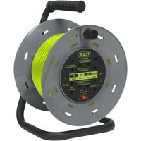Green Sealey cable reel with thermal trip, 4 x 230V sockets, 25m length, black handle, and gray frame.
