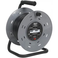 Gray Sealey cable reel with black handle, 50M cable, four 230V sockets, and thermal trip feature.