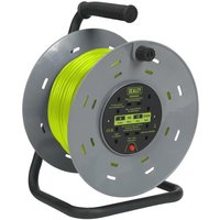 Green Sealey cable reel with thermal trip, 4 x 230V sockets, 50m cable, black handle, and gray frame.